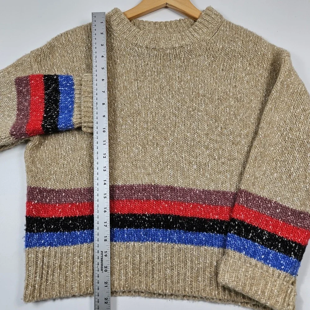Treasure & Bond Small Striped Marled Knit Crewneck Sweater Tan‎ Red Blue Cozy
